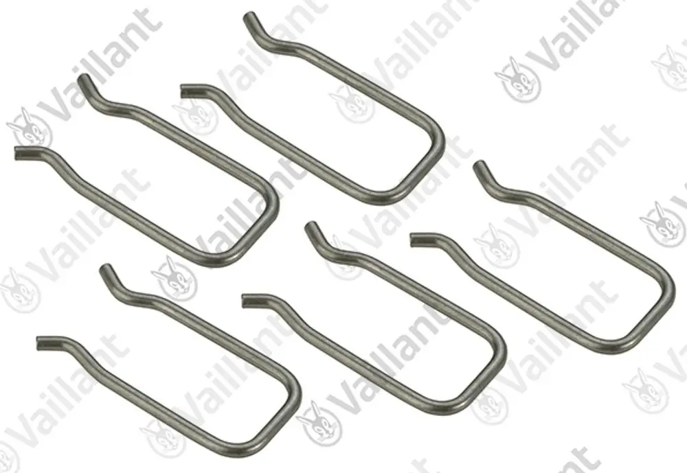 Vaillant Klammern in U-Form, aus Metall, angeordnet in einer Gruppe von sechs Stück.